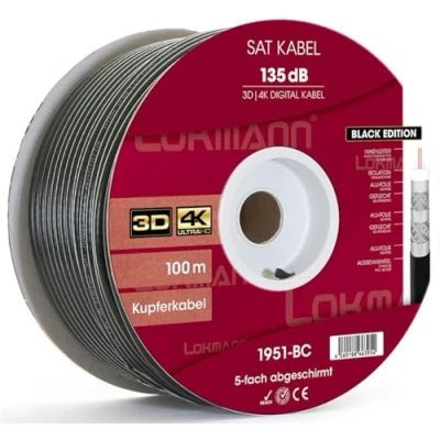 Image of LOKMANN 100 m Pure Copper 135 dB 5 Way Shielded Coaxial Cable Satellite TV Full HD, UHD, 4K, 8K + Up
