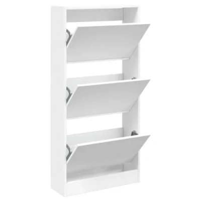 Image of vidaXL Engineered Wood Shoe Cabinet White, 60x21x125.5 cm 3 Flip Drawers, Organizer for Hallway/Entryway