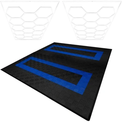Image of MonsterShop Hexagon LED Lights x 2 &amp; Vented Garage Floor Tiles with Edges 165 Black 60 Blue