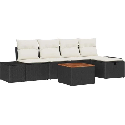 Image of vidaXL 6 Piece Garden Sofa Set with Cushions Black Poly Rattan