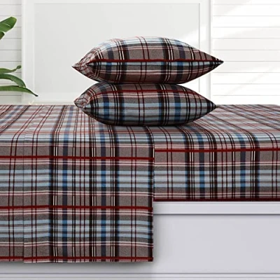 Image of Tribeca Living Brentwood Plaid Flannel King Sheet Set, Super Soft 100% Cotton, Extra Deep Pockets, Brown