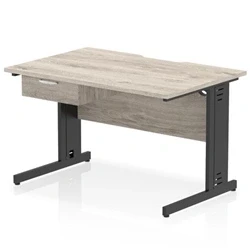 Image of Impulse 1200 x 800mm Scalloped Edge Office Desk Grey Oak Top Black Cable Managed Leg Workstation 1 Drawer Fixed Pedestal