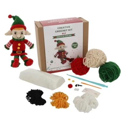 Image of Shudehill Giftware Creative Christmas Crochet Kits Perfect for Learning or Experienced Crocheters Penguin, Snowman, Santa &amp; More! (Elf)