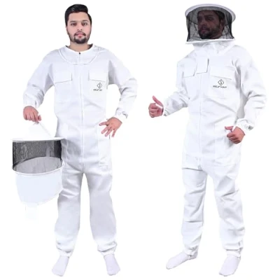 Image of S Self Mark Bee Suit Professional Full Body Polycotton Beekeeping Clothes Veil Hood Hat Protective Jacket Coat and Trouser Beekeepers Equipment for Men &amp; Women (M, Round Veil)