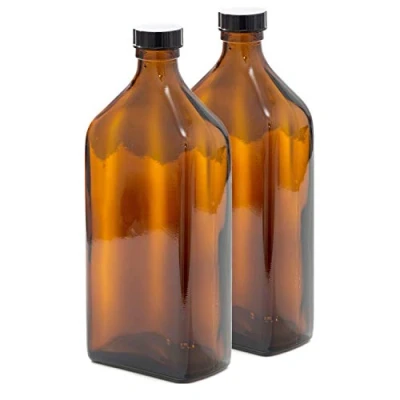 Image of 500ml Rectangular Amber Glass Bottle with Black Lid Pack of 2