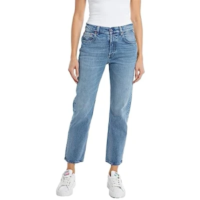 Image of REPLAY Women&#039;s WB461 Majike Straight Rose Label Pack Jeans, Medium Blue 009, 32W / 30L