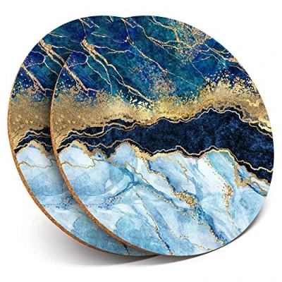 Image of 2 x Round Coasters Marbled Art Effect Blue Gold Marble Cork Backed Home Kitchen Accessory Tea Coffee Mug Mat #21152