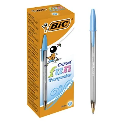 Image of BIC Cristal Fun Ballpoint Pens, Wide Point (1.6 m), Box of 20, Turquoise Colour Bold Smudge Proof Writing