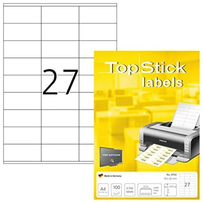 Image of TopStick Self Adhesive Multipurpose Labels, 27 Labels per A4 Sheet, 1000 Sheets, 70 x 32 mm, 27000 Blank Universal Stickers, Sticky for Laser &amp; Inkjet Printer, White