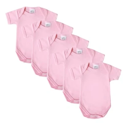 Image of Baby Bodysuits, Vests, Newborn Cotton Short Sleeved Bodysuit, British Made for Boys or Girls, 5 Pack, Pink,