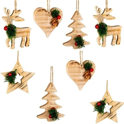 Image of SHATCHI Rustic Star, Reindeer, Heart Tree Decorations Christmas Wooden Festive Ornaments Hanging Xmas Pendants DIY Crafts Gifts, Wood, Assorted 8Pcs
