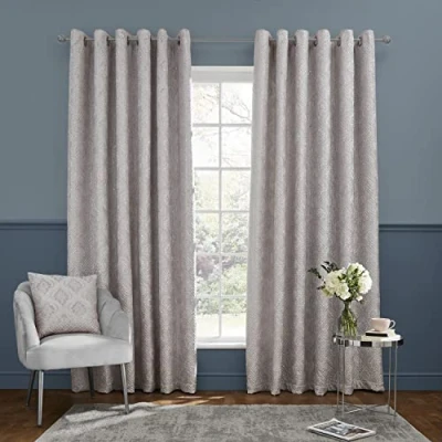 Image of Catherine Lansfield Living Damask Metallic Pinsonic Foil 66x72 Inch Eyelet Curtains Two Panels Grey