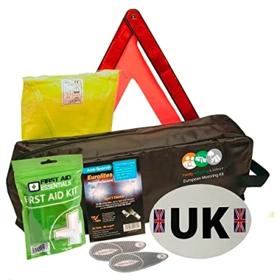 Image of Family Motoring &amp; Leisure European Travel Kit for Driving Abroad Quality Ultimate Safety Essentials Storage Bag Emergency Roadside Breakdown