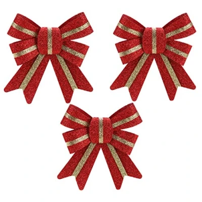 Image of Christmas Concepts® Pack Of 3 100mm (4&quot;) Luxury Bows Accessories Tree Decorations (Red &amp; Gold Glitter)