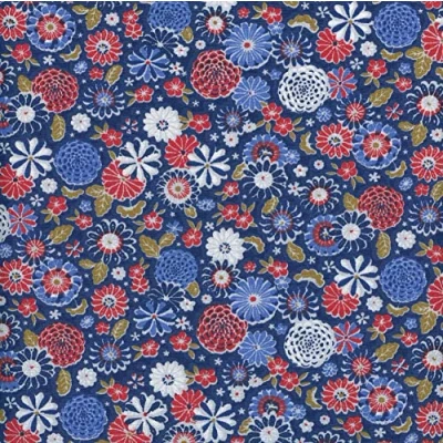 Image of Textiles français JAPANESE FLORAL fabric red, sky blue, grey, olive green and white on blue base cloth 100% Cotton Print 160 cm (63 inches) wide Per half metre length increment*