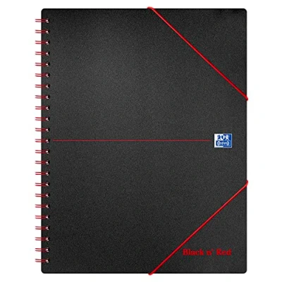 Image of Oxford Black n&#039; Red Frame Ruled with Margin Wirebound Poly Meeting A4+ Notebook Elasticated Wallet and 3 Flap Folder, 4 Hole Punched, 160 Perforated Pages