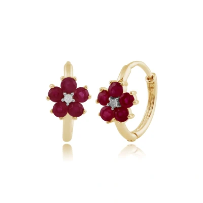 Image of Gemondo Women 375 Gold 9ct Yellow Round Ruby &amp; Diamond Floral Cluster Hoop Earrings Red