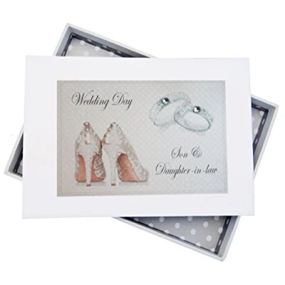 Image of White Cotton Cards Day, Son &amp; Daughter in law Mini Photo Album, Shoes and Wedding Rings design, Board, 12.5 x 17.5 2.5 cm