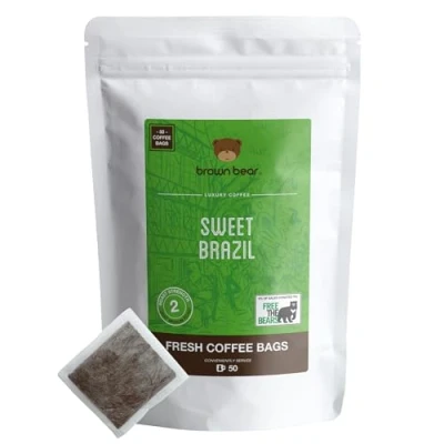 Image of Brazilian Coffee Bags Pack of 50 Medium Roast Brown Bear Sweet Brazil Blend Strength 3 Donation to Free The Bears Individual Arabica Ground Like Tea