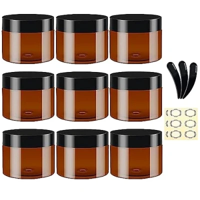 Image of 9Pcs 60ML Empty Amber Plastic Jars With Black Lids, 3 Spatula &amp; 12 Label Apstaqeoo Round Cosmetic Containers Refillable Travel Slime for Lotion Ointments Creams Gel Storage