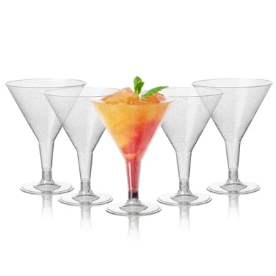 Image of MATANA 48 Premium Plastic Martini Cocktail Glasses with Silver Glitter (210ml) Elegant &amp; Reusable Manhattan, Margarita, Cosmopolitan, Desserts Weddings, Birthdays, Parties