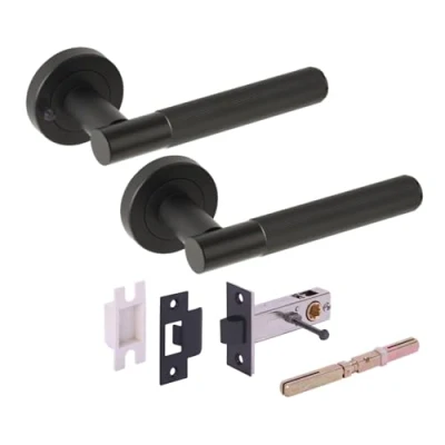Image of HANDLEZONE® Vida Grip Privacy Lever On Round Rose Door Handles, with Latch, for Bathroom, Toilet, WC Doors, 1 Set Black Matt