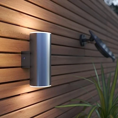 Image of SolarCentre® Chester Up &amp; Down USB Chargeable Solar Powered Outdoor Wall Light by Leaf (Silver)
