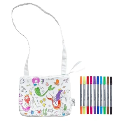 Image of eatsleepdoodle Mermaid Colouring Crossbody Bag for Kids w/ 10pk Washable Pens 22x18cm Girls