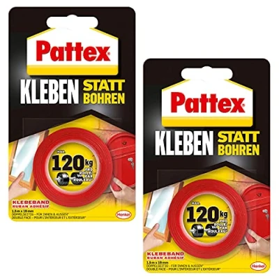 Image of Pattex adhesive instead of drilling tape, extra strong double sided tape for indoor and outdoor installation, wall mounting without drilling, value pack 2, 9H PXMT2X
