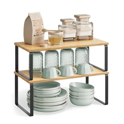 Image of SONGMICS Spice Rack, Set of 2 Cupboard Shelf Organisers, Expandable Kitchen Organiser, Stackable Holder, Metal and Engineered Wood, Cloud White Natural Beige KCS210B01