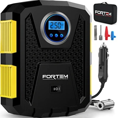Image of FORTEM Tyre Inflator Air Compressor, Car Pump, 12v, Electric Pump for Tyres w/LED Light, Digital Bikes, Auto Pump/Shut Off, Carrying Case