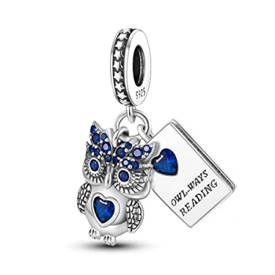 Image of Owl reading Charms fits Bracelets Necklace 928 Sterling Silver Lucky Charm for Woman Girl Jewelry Gifts Pendant Bead