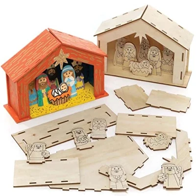 Image of Baker Ross FC248 Wooden Nativity Stable Kits Pack of 2, Crafts for Children to Decorate and Display, Make Your Own Christmas Decorations
