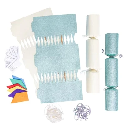 Image of evelay 12 Make Your Own Christmas Cracker Kit DIY Light Green &amp; Cream Glitter Crackers Hats Snaps Jokes (Light Green, Cream)