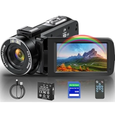 Image of OLESIT Video Camera Camcorder, Full HD 1080P 48MP Camcorder 16X Digital for YouTube, 3.0 Inch IPS Screen Vlogging Recorder with Controller, Battery and 32GB Card