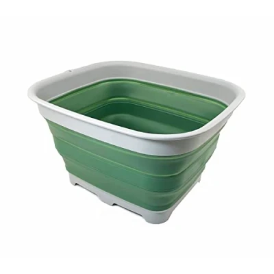 Image of SAMMART 15L Collapsible Dishpan with Draining Plug Foldable Washing Basin Portable Dish Tub Space Saving Kitchen Storage Tray (Grey/Dark Sea Green)