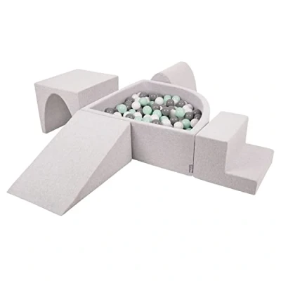 Image of KiddyMoon Foam Playground For Kids With Quarter Angular Ballpit (200 Balls) Obstacle Course, Lightgrey:White/Grey/Mint