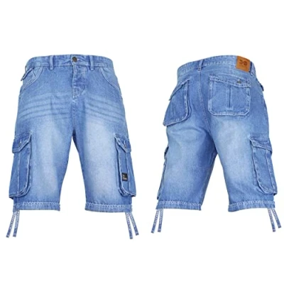 Image of Crosshatch New Mens Stretch Denim Knee Length Combat Cargo Jeans Holiday Summer Shorts by Jeanbase Light Blue (Non Stretch) 28