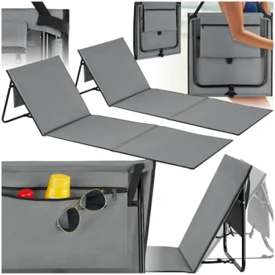 Image of tectake® Set of 2 Sun Loungers with Adjustable Backrest, Foam Padding &amp; Pocket, Foldable Portable Lounger Steel Frame Water Repellent Fabric, Ideal as Pool, Camping Beach Mat Grey