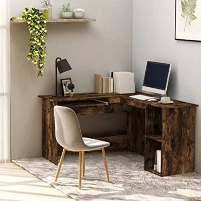 Image of vidaXL Corner Desk, Modern L shaped, Durable Engineered Wood, Smoked Oak hue, with Sliding Keyboard Section and 2 Open Shelves, 120x140x75 cm, Perfect for Office Home Space