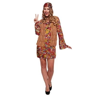Image of  Henbrandt Adult Women’s Hippie Dress and Tasselled Jacket Fancy Retro 60s 70s Long Sleeve Hippy with Matching Patterned Headband Necklace Ladies Costume