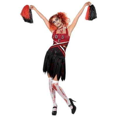 Image of Smiffys High School Horror Cheerleader Costume, Red &amp; Blac with Dress Pom Poms, Halloween Zombie Alley Fancy Dress, Up Costumes