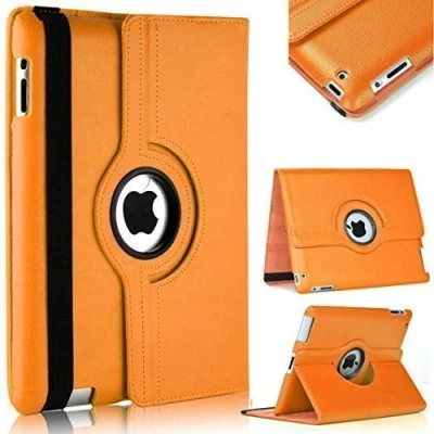 Image of TechDealsUK 360 Degree Rotating Case For Apple iPad 4 3 2 (2011 2012) PU Leather Stand Swivel Folio Cover (Orange)