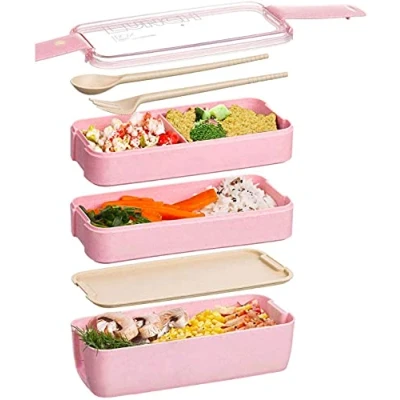 Image of Japanese Bento Box Lunch Box,3 in 1 Compartment, Reusable Meal Prep Containers with Fork,Spoon(Pink)