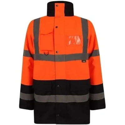 Image of NFK TEXTILE 100% Polyester Fleece Hi Vis Parka Coat High Visibility Work Wear Safety Security Padded Waterproof Taped Jacket (L, Orange Navy)