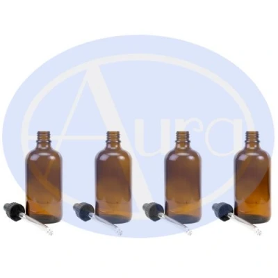 Image of PACK of 4 100ml AMBER GLASS Bottles with Pipettes. Essential Oil / Aromatherapy Use