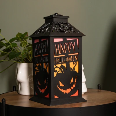 Image of 29cm Battery Operated Black Light up Happy Halloween Lantern Decoration with Multi Coloured LEDs