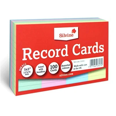 Image of Silvine 5x3&quot; Multi coloured Record cards Lined with headline, 100 per pack. Ref 553AC (127 x 76mm)