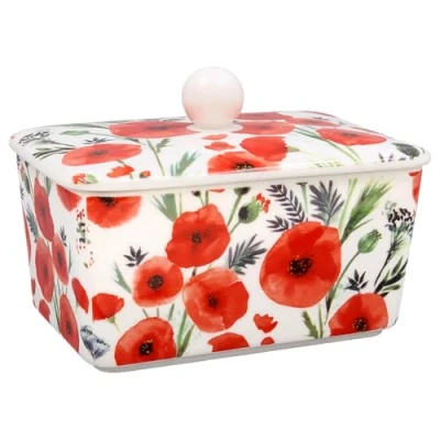 Image of Lesser &amp; Pavey Poppy Fields Fine China Butter Dish Lovely Red White Classic Design Gift Idea UK Spring Summer Homeware