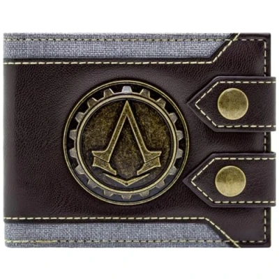 Image of Lineage Assassin&#039;s Creed Syndicate London Metal Cog Emblem Wallet Bi Fold ID &amp; Card Holder, Brown